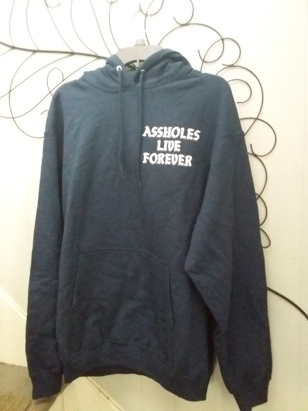 Navy Blue Hoodie with Front Pocket - 'Assholes Live Forever' Large